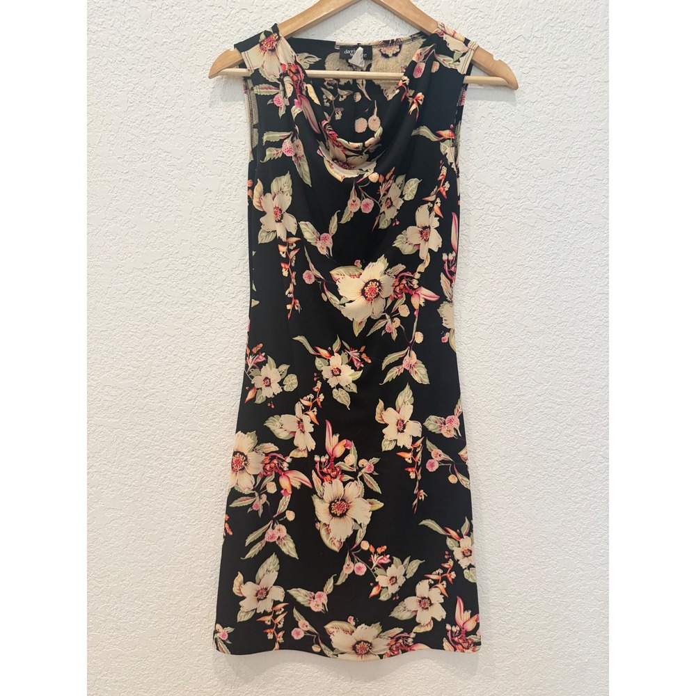 Y2K Womens Black Tropical Floral Cowl Neck Sheath Dress Small Vacation Hawaiian